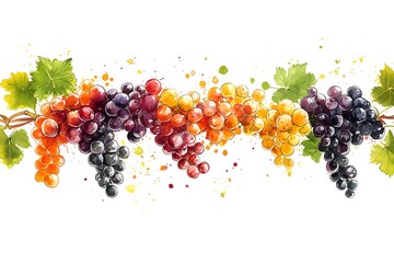 Wall Mural - Watercolor illustration of colorful grape bunches with leaves, perfect for wine labels, food packaging, or autumnal designs.