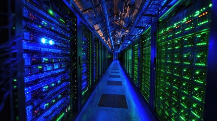 Poster - A futuristic server farm with numerous cloud-based servers, bathed in blue and green lights, representing IaaS.