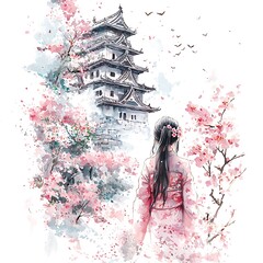 Wall Mural - Woman in Kimono Admiring Japanese Castle Amidst Cherry Blossoms Watercolor Painting.