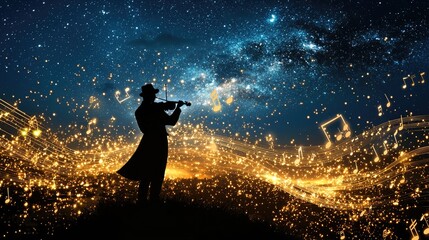 Wall Mural - a silhouette of a musician harmonizes with swirling musical notes and a starry night backdrop.
