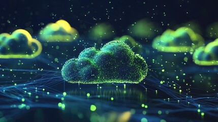 Fototapete - A visually striking representation of cloud infrastructure with interconnected nodes and pathways glimmering in bright green and blue tones on a dark background.
