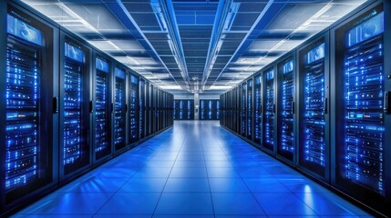 Fototapete - An illustration of a data center with rows of servers illuminated in cool tones, emphasizing the scale and importance of cloud infrastructure in modern business.
