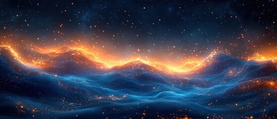 Fototapete - Futuristic Digital Landscape with Blue and Orange Lights for Cybersecurity User Interface Background
