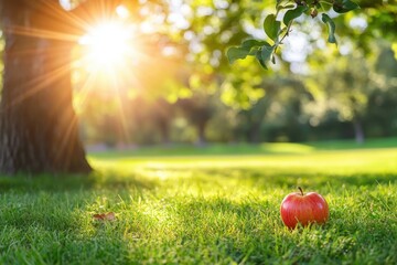 Sticker - Sunlit park scene with a red apple on grass. Ideal for themes of health, nature, and wholesome living.