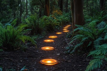 Wall Mural - a forest pathway illuminated by glowing circular lights amidst lush greenery.