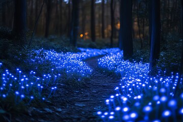 Wall Mural - a serene forest path illuminated by glowing blue flowers, creating a magical atmosphere.