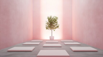 Aufkleber - Minimalist Meditation Hall with Symmetric Mat Arrangement and Central Tree