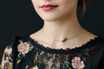 A woman wearing a necklace with a bird pendant