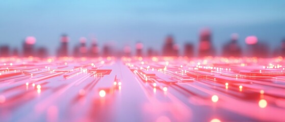 Fototapete - Futuristic Cityscape with Glowing Digital Networks at Night