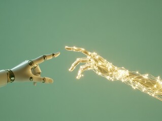 Aufkleber - Futuristic Connection Human and Robotic Hands in Dim Light with Glowing Network