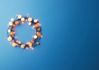 Poster - Festive Cryptocurrency Wreath with Glowing Digital Coins on Blue Background