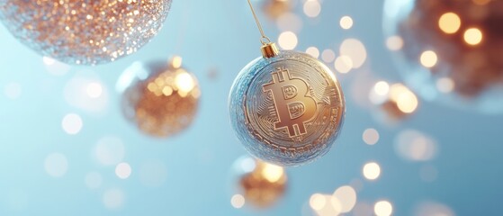 Poster - Futuristic Holiday Cryptocurrency-Themed Christmas Ornaments Illuminated in Soft Blue Glow