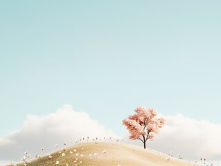 Wall Mural - Minimalist Hillside with Blossoming Tree Under Soft Clouds