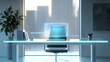 © STGZ. - A glowing holographic task organizer floating above a sleek glass desk in a futuristic office