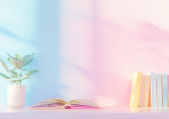 Aufkleber - Dreamlike Study Scene with Pastel Tones and Open Book on Minimalist Table