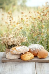 Wall Mural - Rustic Autumn Harvest Freshly Baked Bread and Natural Decor on a Wooden Table