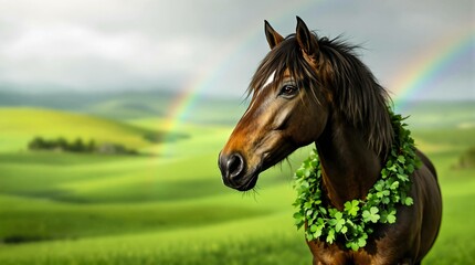 a horse adorned with a wreath of green clovers around its neck stands in a lush, green landscape wit