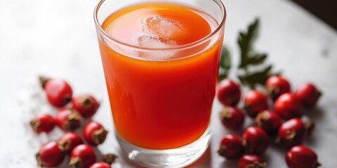 Fresh Rosehip Juice in Glass with Ice Healthy Drink with Vitamin C Surrounded by Wild Rose Berries Perfect for Boosting Immunity and Refreshing Taste