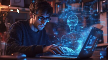 Wall Mural - a business man is presenting an ai model on screen, digital code and floating above his laptop.