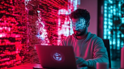 Poster - A business man is presenting an AI model on screen, digital code and floating above his laptop.