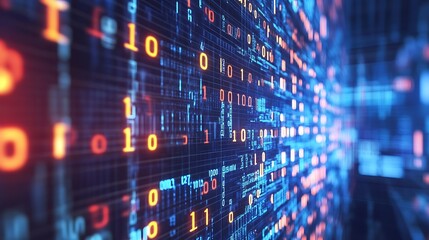 Glowing Binary Code Stream: A Digital Art Render of Data Flow. AI Generated