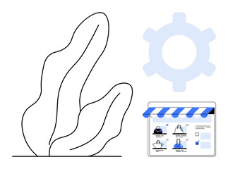 Abstract plant lines beside e-commerce website under gear icon. Ideal for online business, tech integration, web design, commerce, programming, ecommerce solutions, and digital marketing. Line