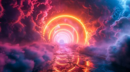 Wall Mural - dynamic neon tunnel with pink and yellow streaks, enveloped in swirling fog and halo-like glowing cl