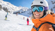 © Ari - German woman snowboarding with helmet and goggles at slope snow mountain