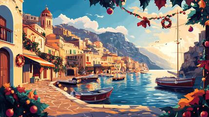 Wall Mural - Sunny mediterranean harbor with boats and holiday decorations, capturing december warmth by the sea. Harbor. Illustration