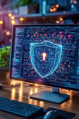 Wall Mural - illustrated glowing firewall icon on a computer network screen