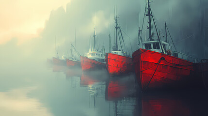 Wall Mural - Rows of red fishing boats docked along a misty harbor at dawn. Harbor. Illustration