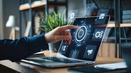 Person interacts with digital interface on laptop screen