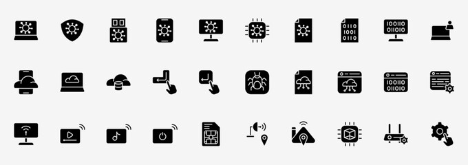 icon set tech information include coding, pogrammer, malware, network etc. icon pack glyph solid sty