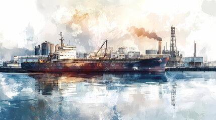 Wall Mural - A watercolor-style depiction of a busy industrial harbor with a large ship docked in the foreground. the ship and the buildings are reflected in the water. Harbor. Illustration