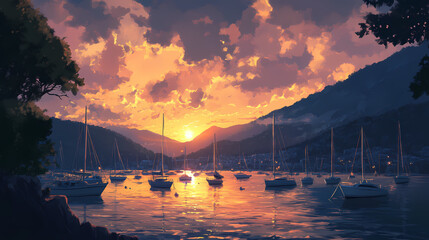 Sticker - Beautiful sunset over a serene harbor filled with boats and surrounded by lush hills. Harbor. Illustration