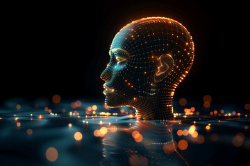 Wall Mural - this image features an artistic representation of a digital human profile with glowing orange and bl