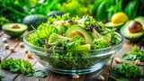 Double Exposure Green Goddess Salad Photography: Vibrant Leafy Greens, Creamy Dressing, Healthy Eating