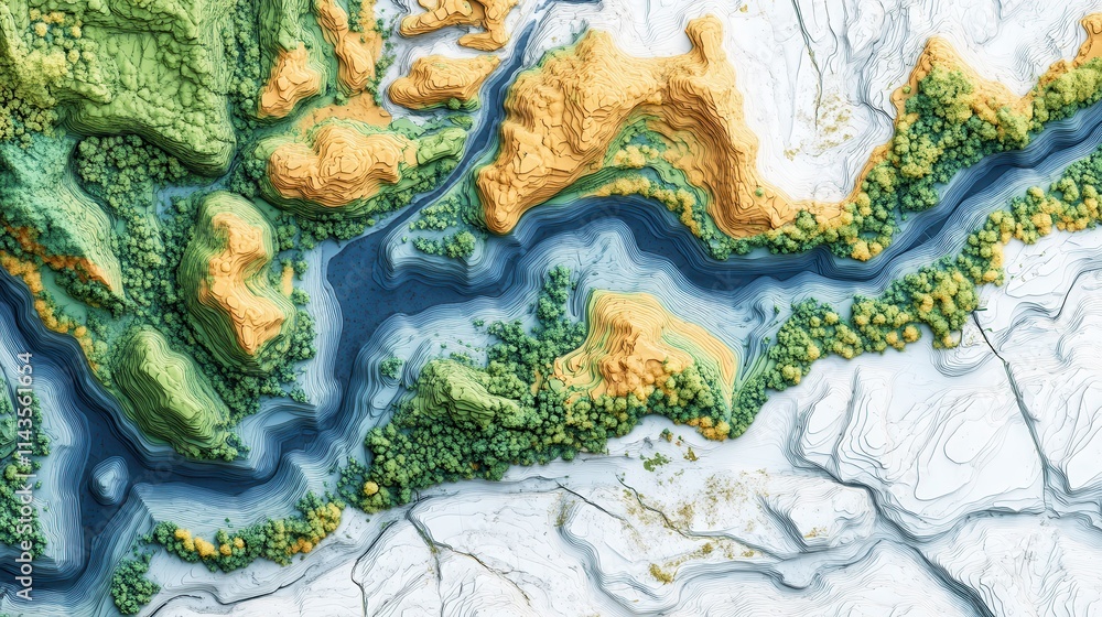 Topographic map of a floodplain on white, highlighting river elevations ...