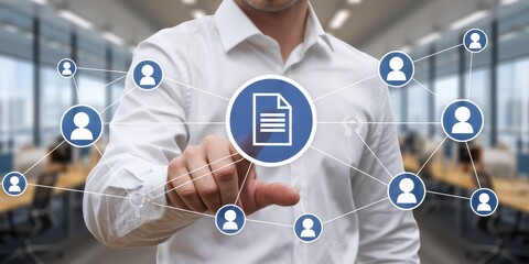 man interacts with digital document network interface
