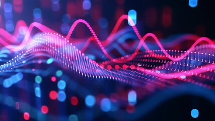 Big data wave flowing in cyberspace with binary code and statistics graph showing the power of digital information in a futuristic and technological representation with blue and pink colors