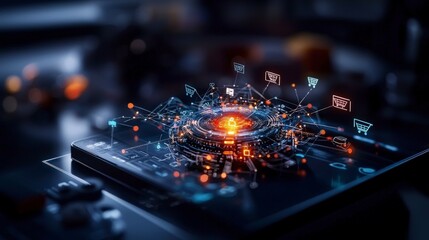 Fototapete - Ecommerce integration in a futuristic virtual space bird's eye view concept art of digital framework technology