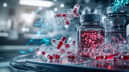 Aufkleber - Dynamic visualization of pharmaceutical advancement in a laboratory setting with capsules and molecules
