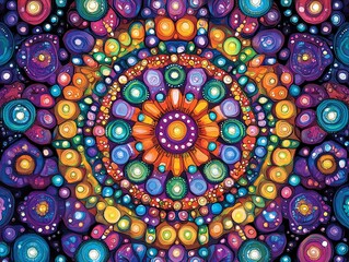 Poster - A vibrant, circular design filled with colorful dots and shapes, creating a mesmerizing pattern.