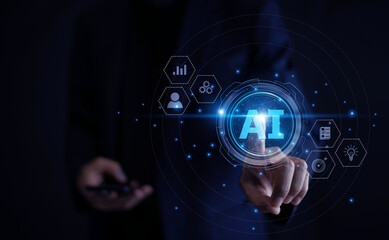 businessman interacting with an ai-powered interface, symbolizing the use of artificial intelligence