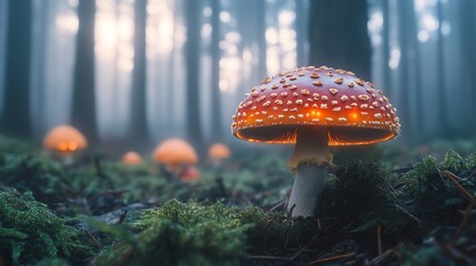Wall Mural - a vibrant red mushroom with white spots illuminated in a misty forest setting.