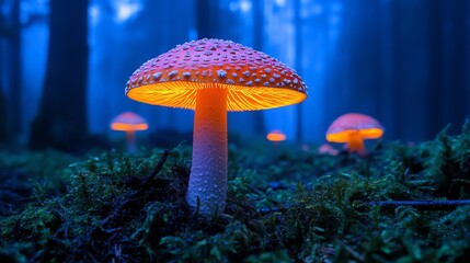 Wall Mural - glowing mushrooms illuminate a mystical forest scene at twilight.