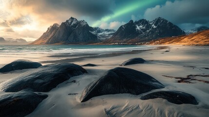 Canvas Print - Serene Beachscape with Mountain Range and Aurora Borealis