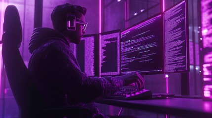 Focused Hacker Coding in Neon Purple Room, Cyberpunk Style