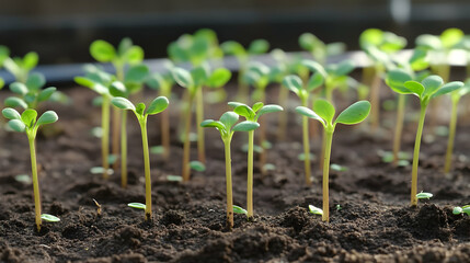 Wall Mural - Close-up of numerous young green seedlings sprouting from dark soil in a seed tray.