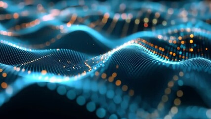 Abstract futuristic blue and orange glowing particles forming big data wave in cyberspace, representing digital information flow, machine learning, and artificial intelligence